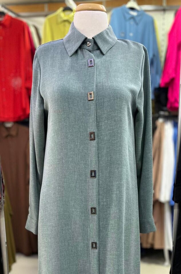 1517.1 ÖNÜ KARE DÜĞMELİ ÇITÇITLI GÖMLEK YAKA UZUN TUNİK YENİ SEZON #02-25#