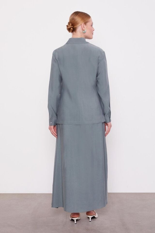 100767 ÖNÜ FERMUARLI YARIYA KADAR ÇITÇIT DETAYLI GÖMLEK YAKA KOLLARI MANŞETLİ ETEĞİN BELİ LASTİKLİ ETEKLİ TAKIM