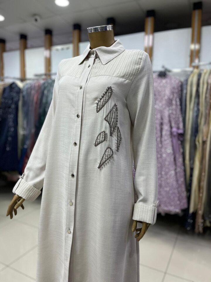 25202 ÖNÜ DÜĞMELİ GÖĞSÜ TAŞ VE MOTİF DETAYLI KOL UCU KATLAMALI  UZUN SPOR TUNİK #02-25#