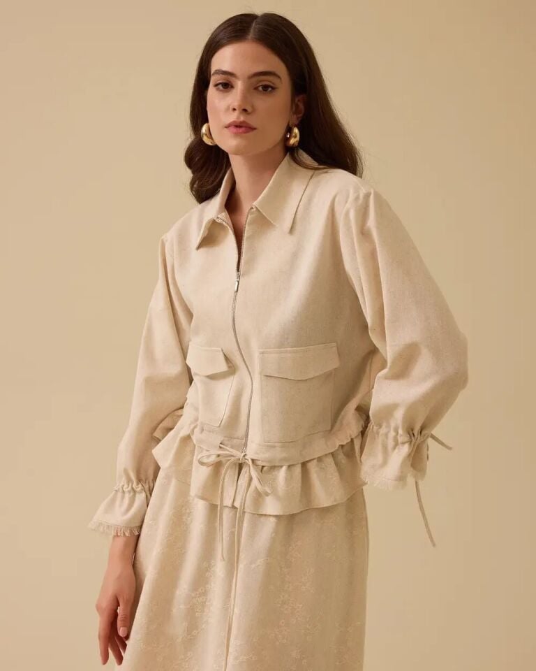 1019 ÖNÜ FERMUARLI KOL UCU VE BELİ İP DETAYLI ÖNÜ CEPLİ UÇ KISMI FIRFIR DETAYLI KETEN CEKET 10002511111019 #06-25#