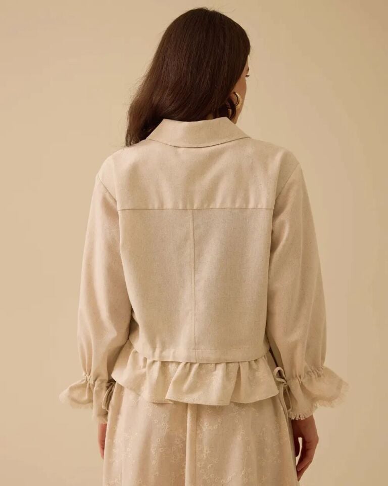 1019 ÖNÜ FERMUARLI KOL UCU VE BELİ İP DETAYLI ÖNÜ CEPLİ UÇ KISMI FIRFIR DETAYLI KETEN CEKET 10002511111019 #06-25#