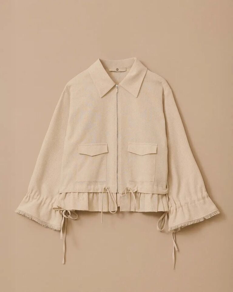 1019 ÖNÜ FERMUARLI KOL UCU VE BELİ İP DETAYLI ÖNÜ CEPLİ UÇ KISMI FIRFIR DETAYLI KETEN CEKET 10002511111019 #06-25#