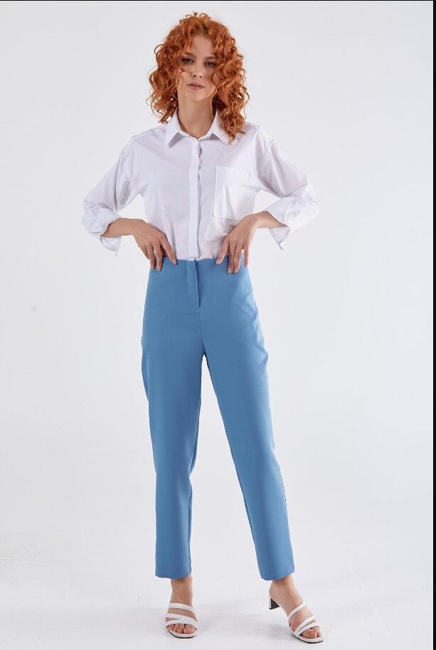 59058 ÖNDEN FERMUARLI KLASİK DAR PAÇA PANTOLON QYS 59058 PANTOLON #23-063 38 - MAVİ