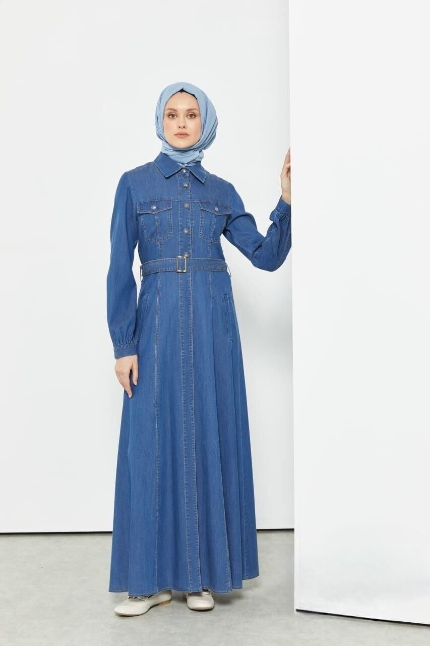 55002 ÖNÜ DÜĞMELİ ÇİFT CEPLİ KEMERLİ SPOR KOT ELBİSE #03-25#