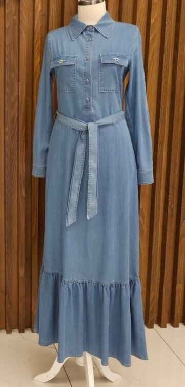 63018 ÖNDEN YARIM DÜĞMELİ ÇİFT CEPLİ CEP KAPAKÇIKLARI TAŞLI BELİ BAĞLAMALI KOT ELBİSE #03-25#