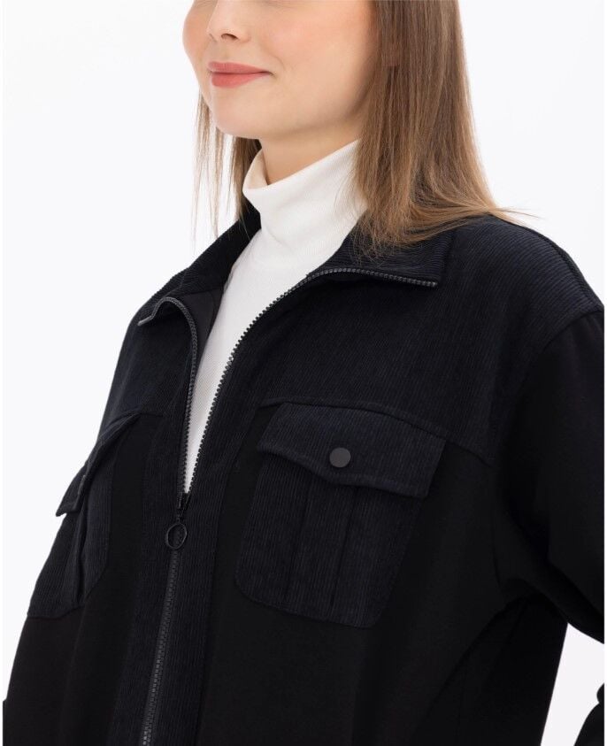 1072 BÜYÜK BEDEN CEP DETAYLI FERMUARLI İ̇Kİ KUMAŞLI CEKET GÜNLÜK CEKET 142312054001072 QKS GÜNLÜK CEKET #23-10#