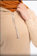 6033 FERMUARLI KAPÜŞONLU YANDAN TAŞ VE FERMUAR DETAYLI İKİ İPLİK SWEAT QYS SWEAT 6033 #23-05#