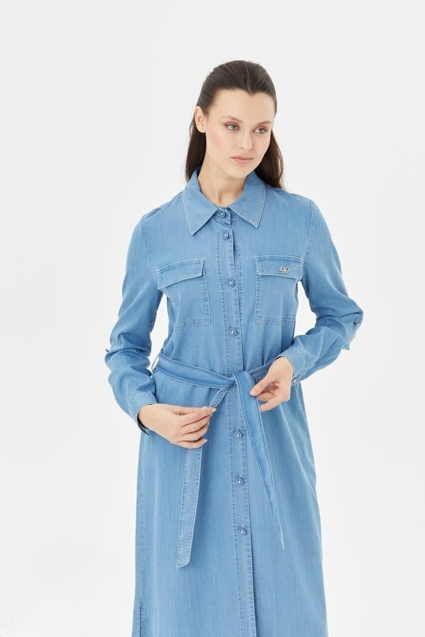 61053 ÖNÜ BOYDAN DÜĞMELİ ÖNÜ CEPLİ KOLU MANŞETLİ BELİ KEMERLİ TENSEL UZUN TUNİK #03-25#