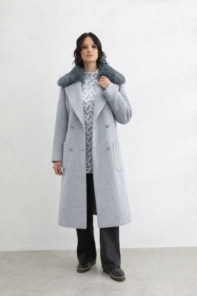 57039 YAKASI KÜRKLÜ ÖNDEN ÇİFT CEPLİ BELİ KEMERLİ KAŞE KABAN #12-25#