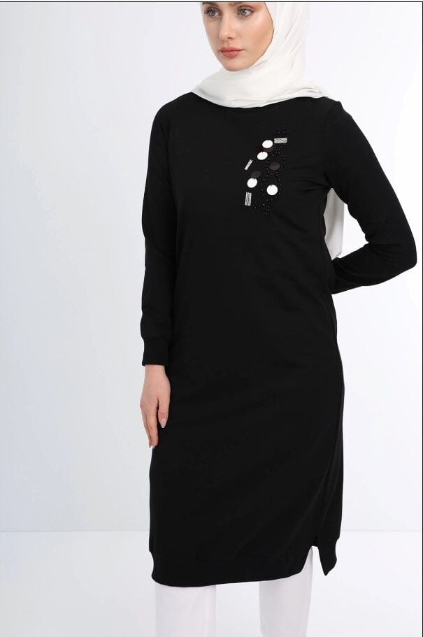 1502 GÖĞÜSÜ BONCUK VE PUL DETAYLI  İKİ İPLİK UZUN  SWEAT QYS İKİ İPLİK SWEAT 1503 #23-05#