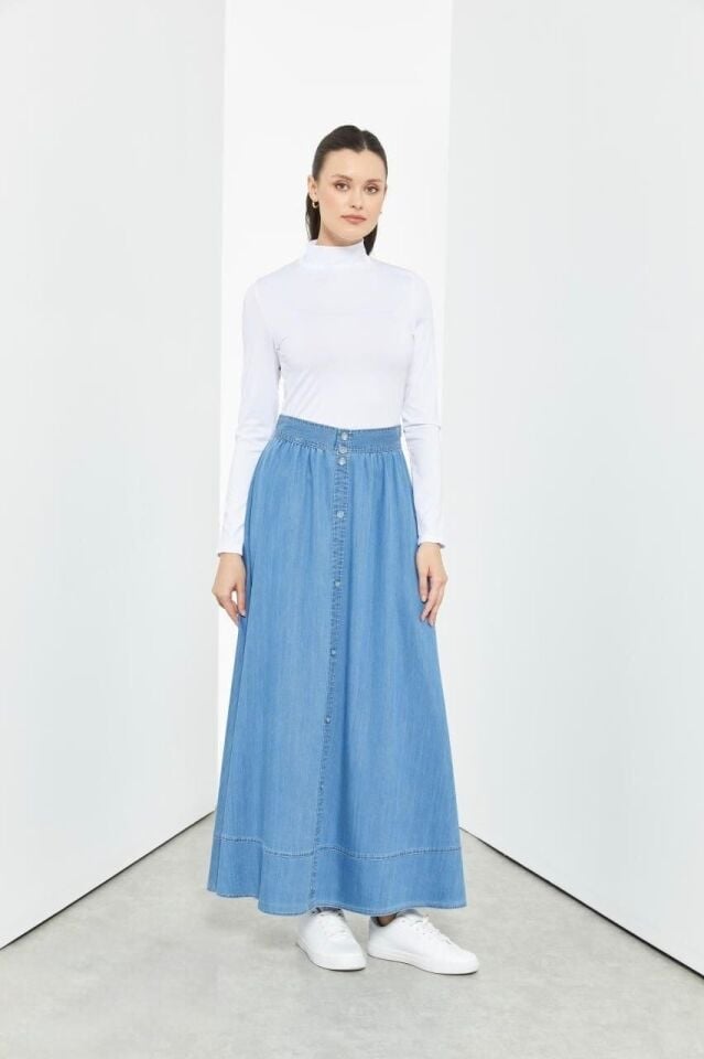 52012 ÖNDEN ETEK UCUNA KADAR DÜĞMELİ YANDAN FERMUARLI ETEK UCU DİKİŞ DETAYLI KOT ETEK #03-25#