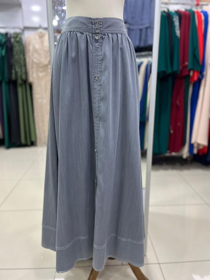 52012 ÖNDEN ETEK UCUNA KADAR DÜĞMELİ YANDAN FERMUARLI ETEK UCU DİKİŞ DETAYLI KOT ETEK #03-25#