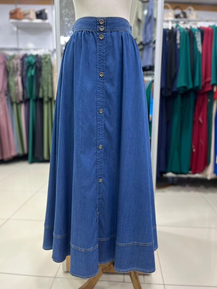 52012 ÖNDEN ETEK UCUNA KADAR DÜĞMELİ YANDAN FERMUARLI ETEK UCU DİKİŞ DETAYLI KOT ETEK #03-25#