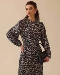 1015 BALON KOL ÖNDEN DÜĞMELİ BELİ KEMERLİ ZEBRA DESENLİ ŞIK ELBİSE #03-25#