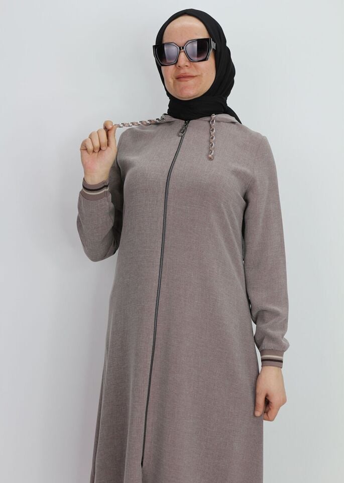 2130 KAPİŞONLU KOL UCU LASTİKLİ ÖNÜ FERMUARLI YANLARI LASTİK DETAYLI KAPİŞONU ZİNCİRLİ GİY-ÇIK KAP #02-25# 44 - GÜL KURUSU