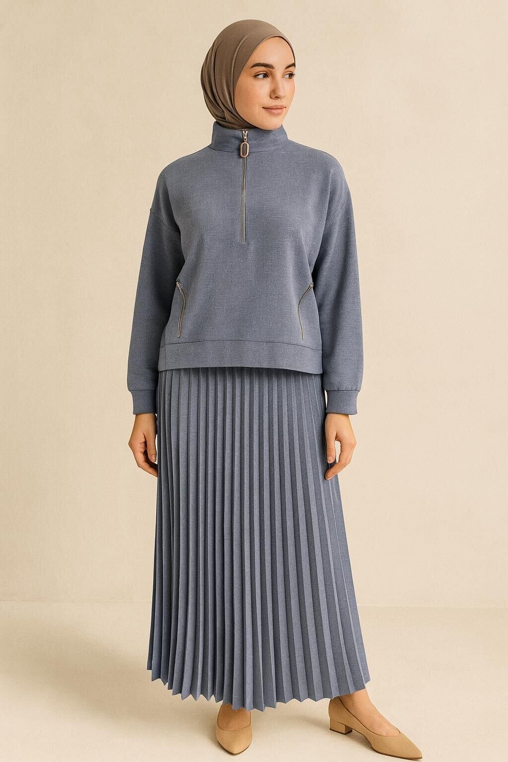 25139 HAKİM YAKA ÖNÜ YARIM FERMUARLI KENARLARI GÖĞÜS ALTINDAN ALT KISMA KADAR TAŞLI ETEĞİN BELİ LASTİKLİ PİLİSELİ SPOR ETEKLİ TAKIM #03-25#