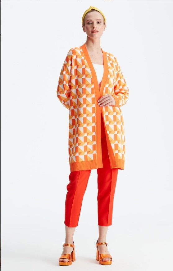 21153 GEOMETRİK DESENLİ RAYON HIRKA 1 - TURUNCU