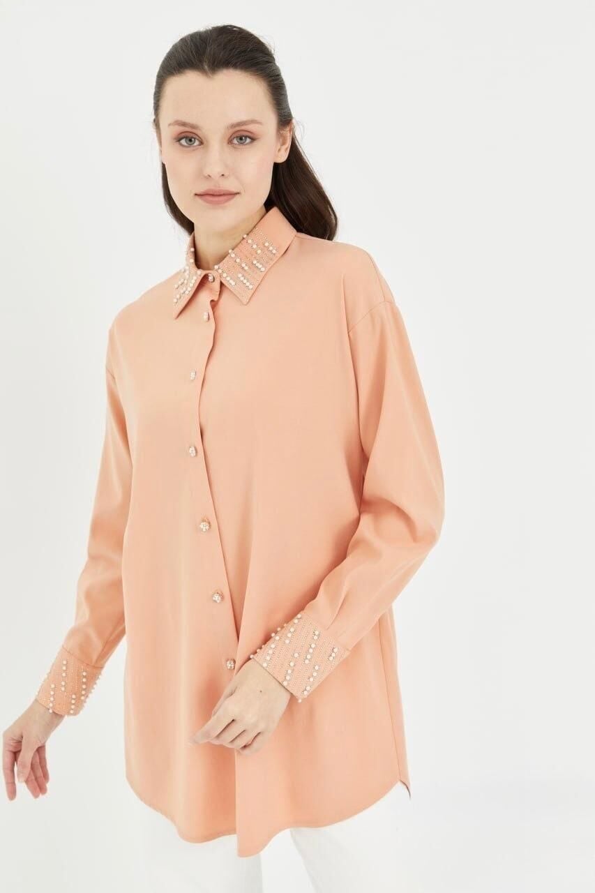 61063 DÜĞMESİ BONCUK DETAYLI KOL UCU BONCUKLU TAŞLI TUNİK #04-25#