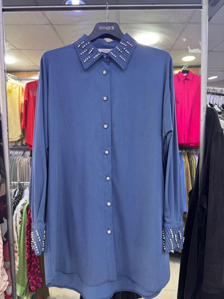 61063 DÜĞMESİ BONCUK DETAYLI KOL UCU BONCUKLU TAŞLI TUNİK #04-25#