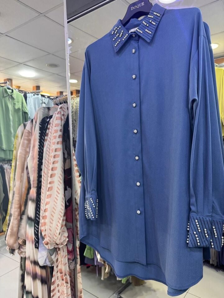 61063 DÜĞMESİ BONCUK DETAYLI KOL UCU BONCUKLU TAŞLI TUNİK #04-25#