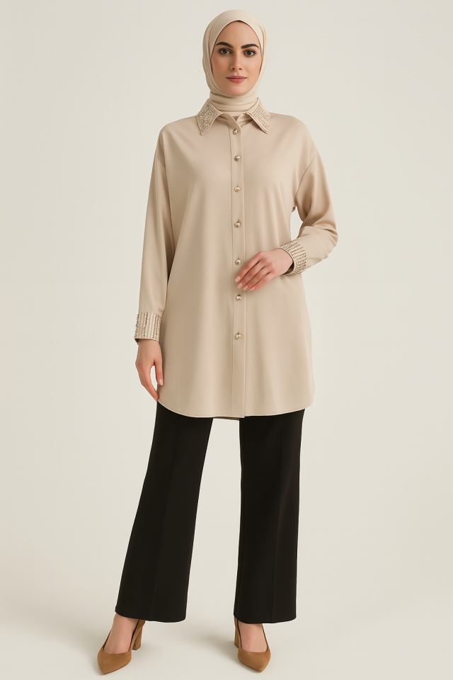 61063 DÜĞMESİ BONCUK DETAYLI KOL UCU BONCUKLU TAŞLI TUNİK #04-25#