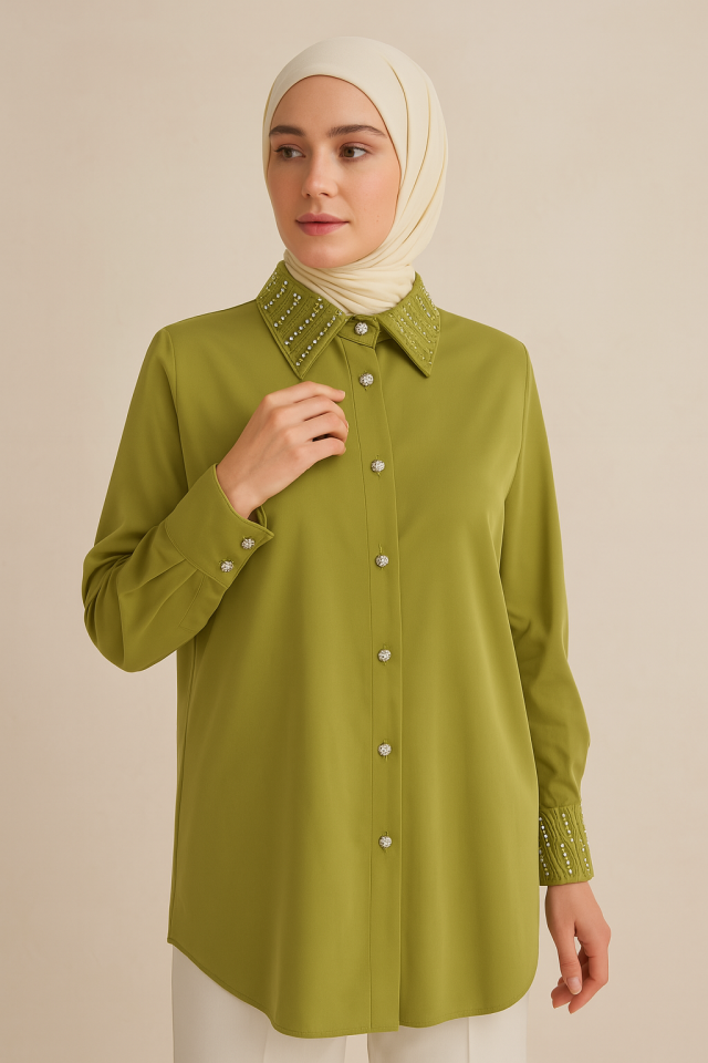 61063 DÜĞMESİ BONCUK DETAYLI KOL UCU BONCUKLU TAŞLI TUNİK #04-25#