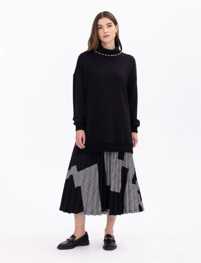 1021 PİLİSELİ EKOSE DESEN ELASTİK BEL ETEK  GÜNLÜK ETEK 11231306001021 #23-103