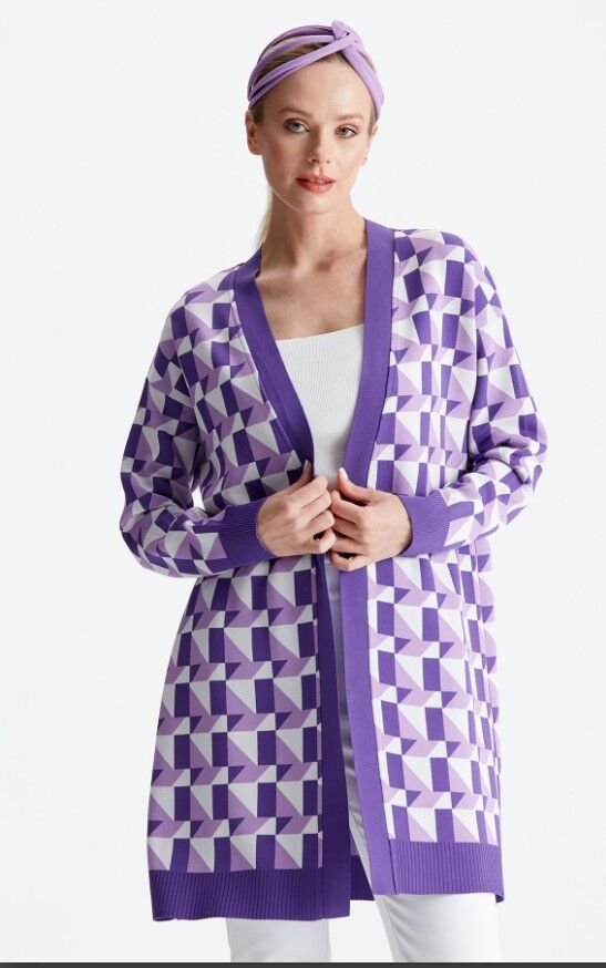 21153 GEOMETRİK DESENLİ RAYON HIRKA 1 - mor