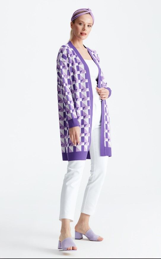 21153 GEOMETRİK DESENLİ RAYON HIRKA 1 - mor