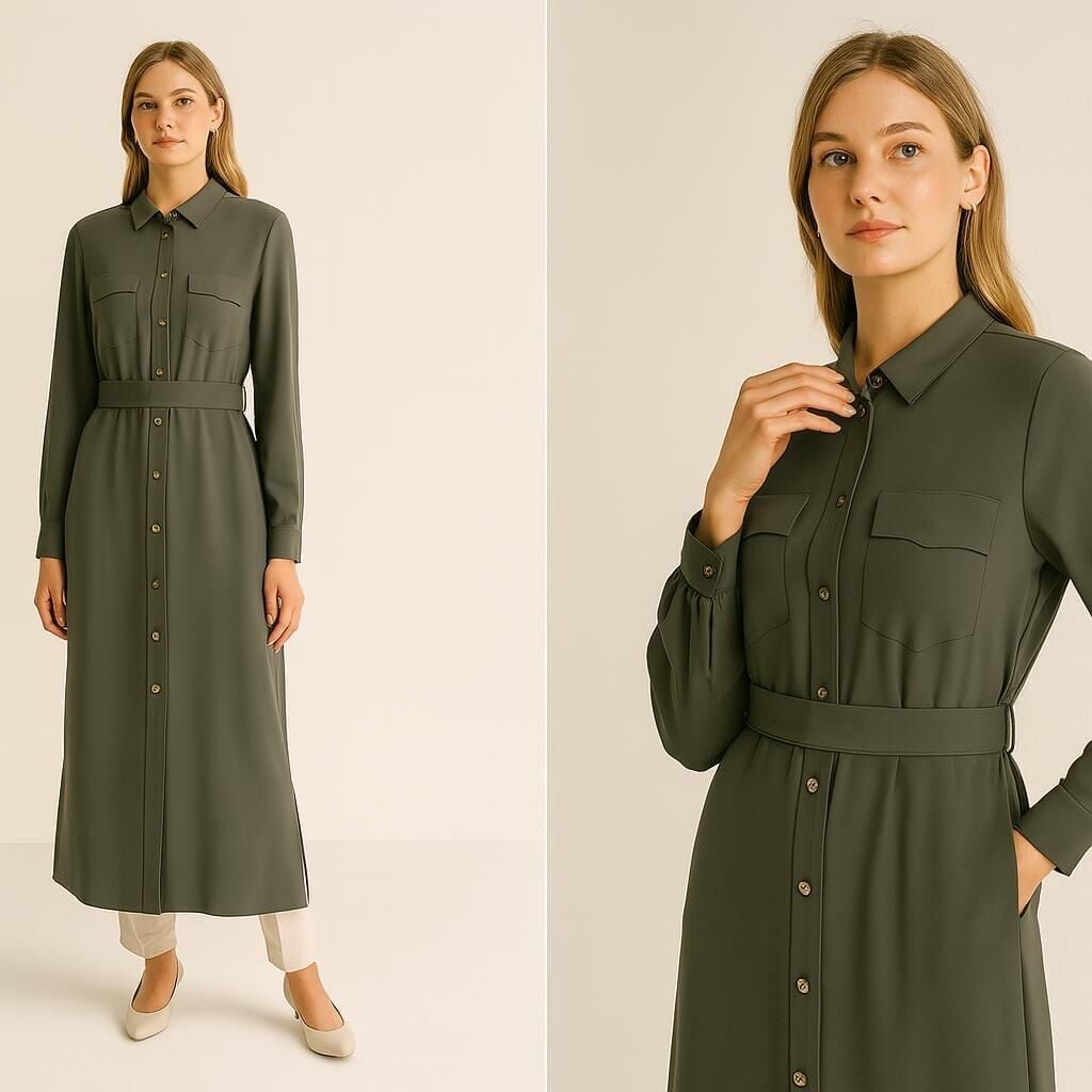 65014 ÖNÜ DÜĞMELİ ÇİFT CEPLİ BELİ KUŞAKLI CEPLİ UZUN TUNİK #04-25#