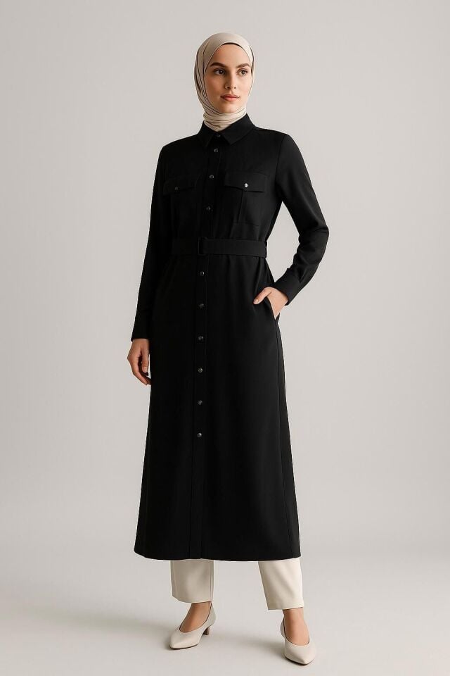 65014 ÖNÜ DÜĞMELİ ÇİFT CEPLİ BELİ KUŞAKLI CEPLİ UZUN TUNİK #04-25#