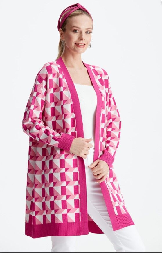 21153 GEOMETRİK DESENLİ RAYON HIRKA 1 - FUŞYA