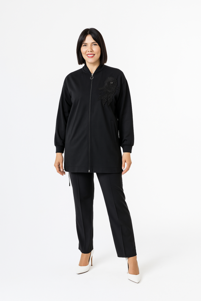 25142 ÖNÜ BOYDAN FERMUARLI KOL UCU LASTİKLİ GÖĞSÜNDE TAŞ İŞLEMELİ CEPLİ PANTOLONUN BELİ LASTİKLİ CEP DETAYLI İKİLİ TAKIM  #05-25#