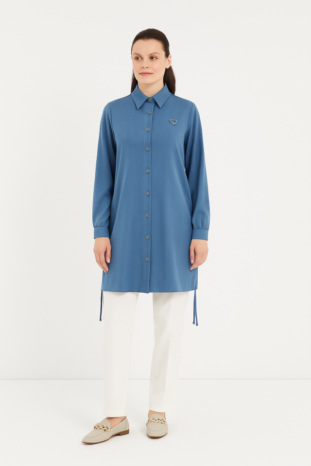 61060 ÖNDEN DÜĞMELİ YANLARI BÜZGÜLÜ GÖĞSÜ ARMALI PAMUKLU GÖMLEK #06-25#