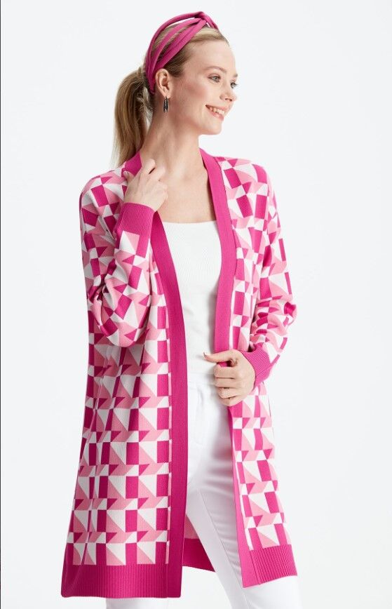 21153 GEOMETRİK DESENLİ RAYON HIRKA 2 - FUŞYA