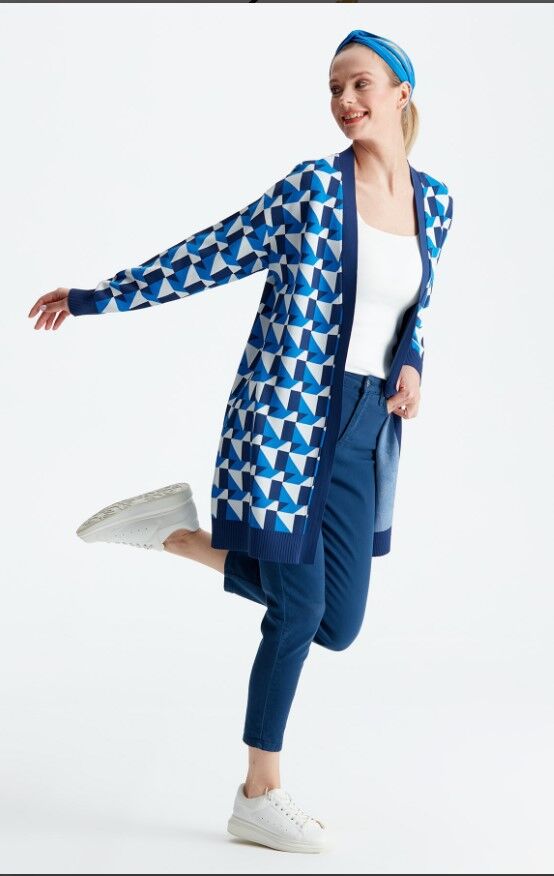 21153 GEOMETRİK DESENLİ RAYON HIRKA 3 - İndigo