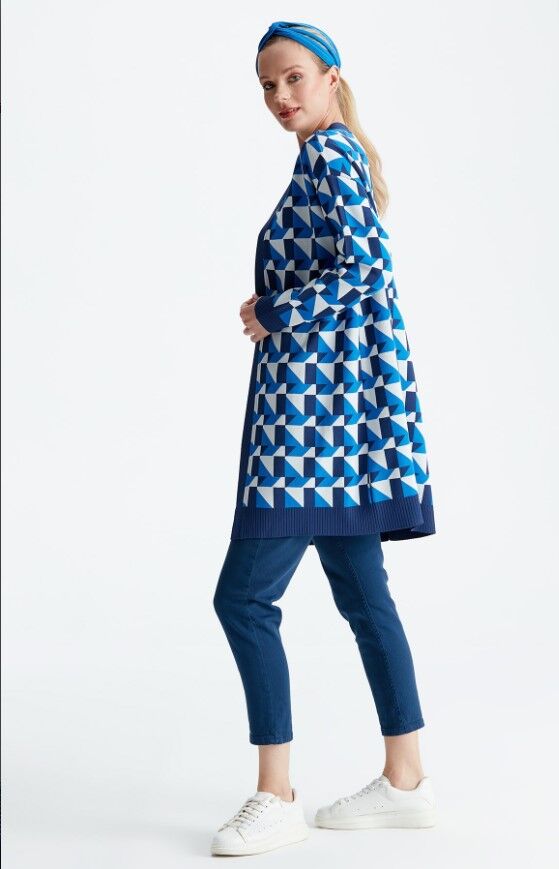 21153 GEOMETRİK DESENLİ RAYON HIRKA 3 - İndigo