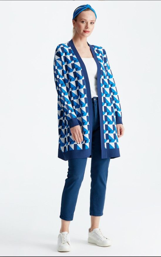 21153 GEOMETRİK DESENLİ RAYON HIRKA 3 - İndigo