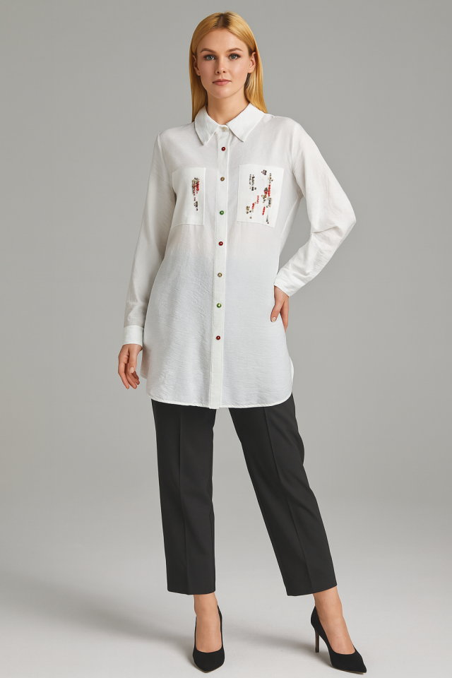 2226 TUNİK ÖNDEN DÜĞMELİ ÖNÜ TAŞ DETAYLI GÖMLEK TUNİK QYS TUNİK 2226