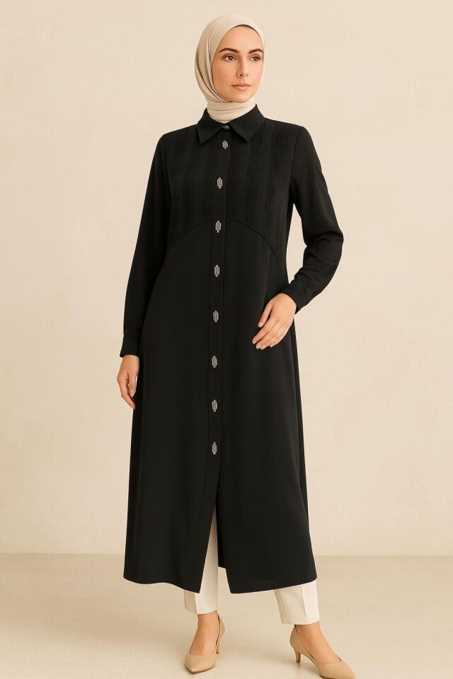 25153 GÖMLEK YAKA ÖNDEN ÇITÇIT KAPAMALI OMUZDAN YARIYA KADAR BÜZGÜ KUMAŞ DETAYLI UZUN TUNİK #06-25#