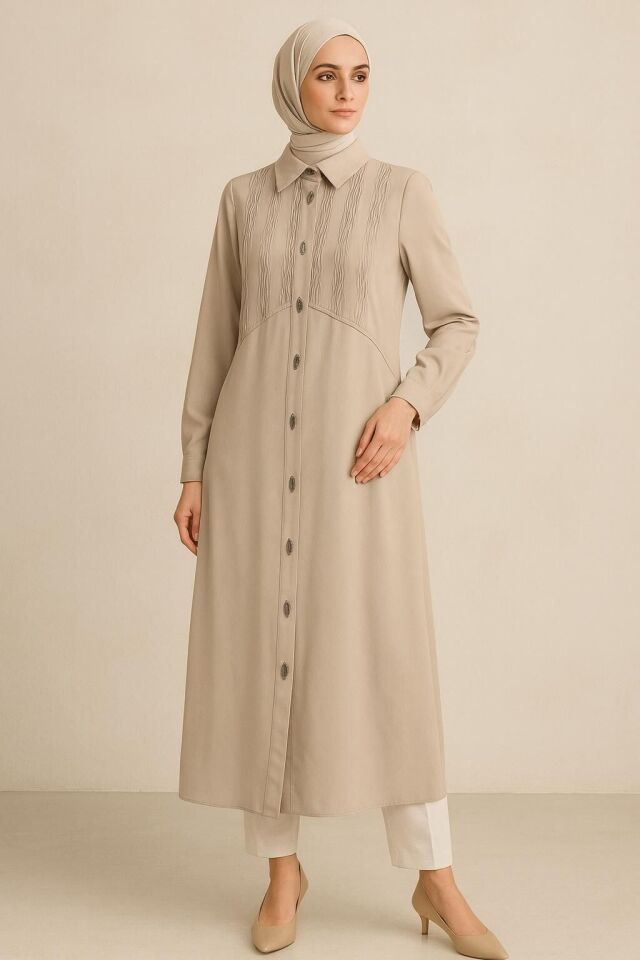 25153 GÖMLEK YAKA ÖNDEN ÇITÇIT KAPAMALI OMUZDAN YARIYA KADAR BÜZGÜ KUMAŞ DETAYLI UZUN TUNİK #06-25#