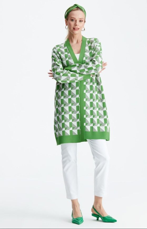 21153 GEOMETRİK DESENLİ RAYON HIRKA 3 - yeşil