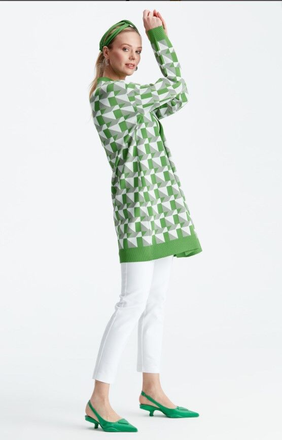 21153 GEOMETRİK DESENLİ RAYON HIRKA 3 - yeşil