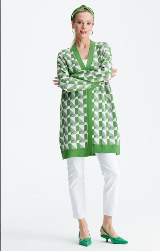 21153 GEOMETRİK DESENLİ RAYON HIRKA 3 - yeşil