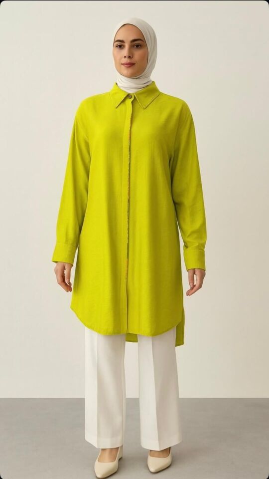 1521 ÖNÜ GİZLİ DÜĞMELİ KOLU MANŞETLİ ÖNÜ RENKLİ BONCUK DETAYLI GÜNLÜK GÖMLEK TUNİK #03-25#