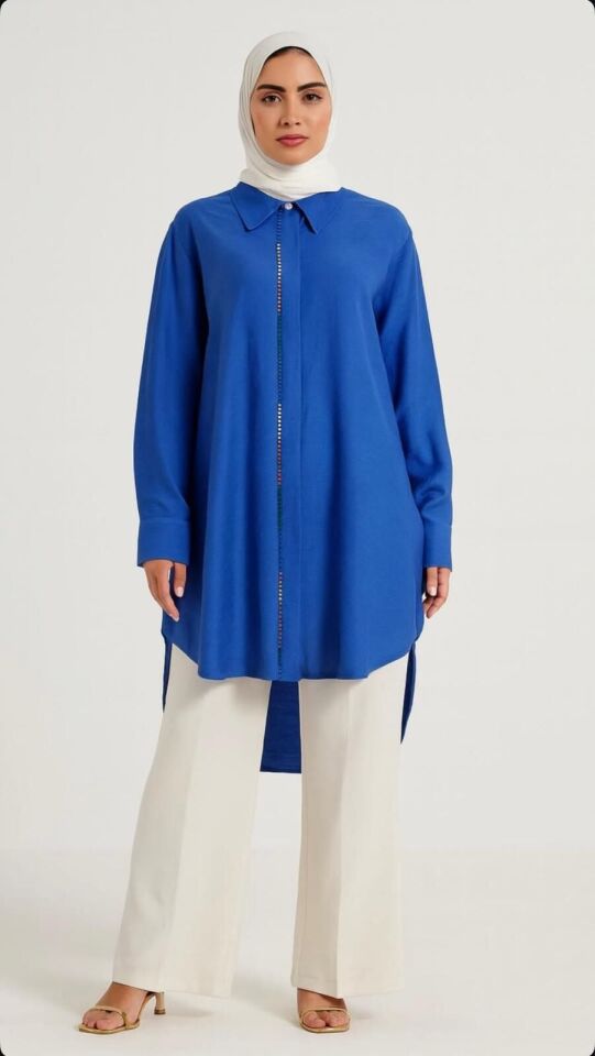 1521 ÖNÜ GİZLİ DÜĞMELİ KOLU MANŞETLİ ÖNÜ RENKLİ BONCUK DETAYLI GÜNLÜK GÖMLEK TUNİK #03-25#