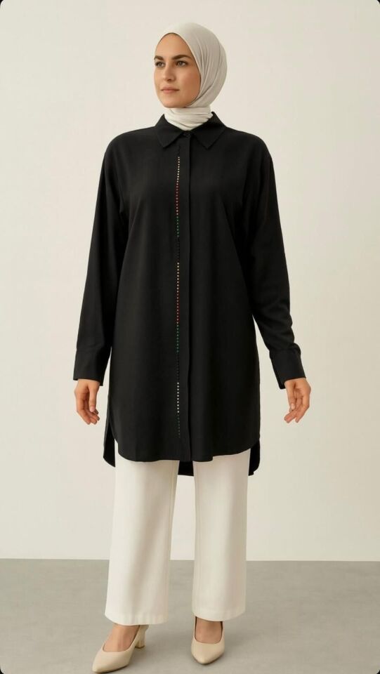 1521 ÖNÜ GİZLİ DÜĞMELİ KOLU MANŞETLİ ÖNÜ RENKLİ BONCUK DETAYLI GÜNLÜK GÖMLEK TUNİK #03-25#