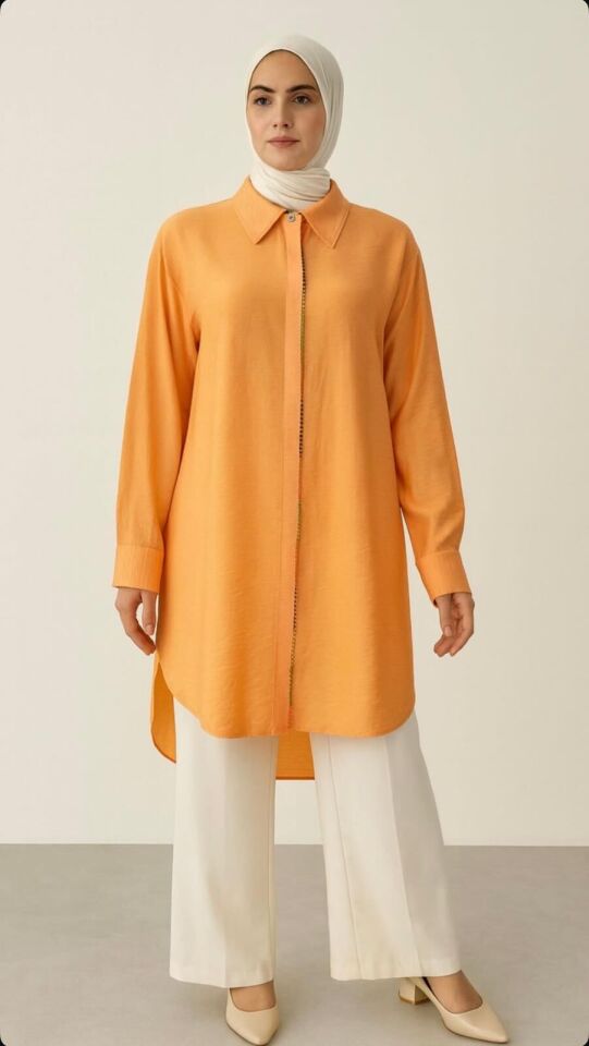 1521 ÖNÜ GİZLİ DÜĞMELİ KOLU MANŞETLİ ÖNÜ RENKLİ BONCUK DETAYLI GÜNLÜK GÖMLEK TUNİK #03-25#