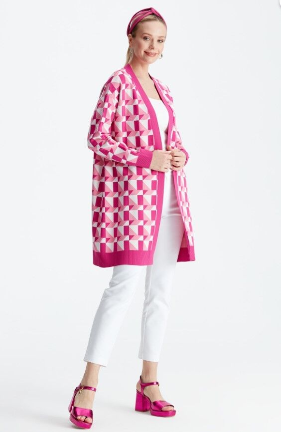21153 GEOMETRİK DESENLİ RAYON HIRKA 3 - FUŞYA