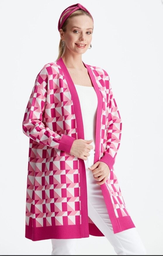21153 GEOMETRİK DESENLİ RAYON HIRKA 3 - FUŞYA